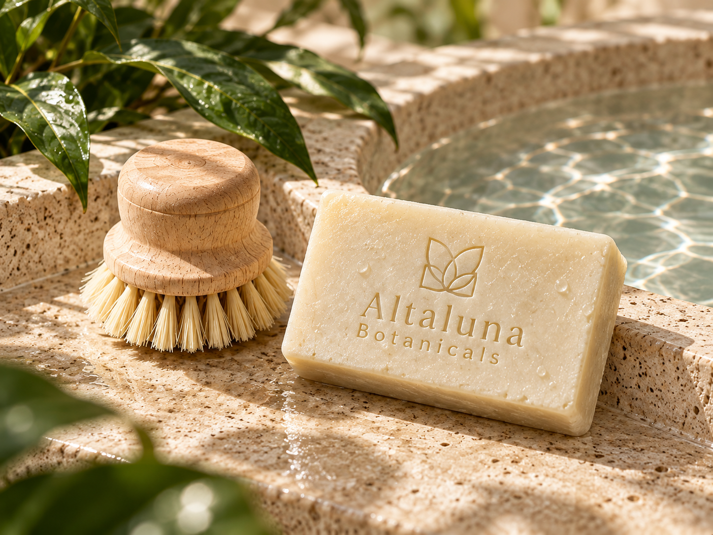 Jabón sólido Altaluna Botanicals para trastes junto a un cepillo de fibras naturales