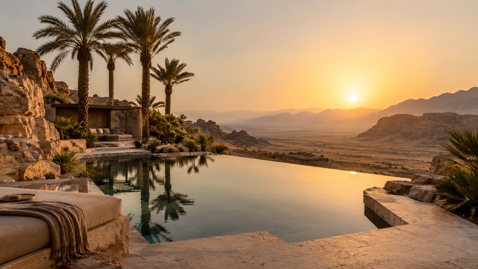 Oasis de lujo en el desierto al atardecer