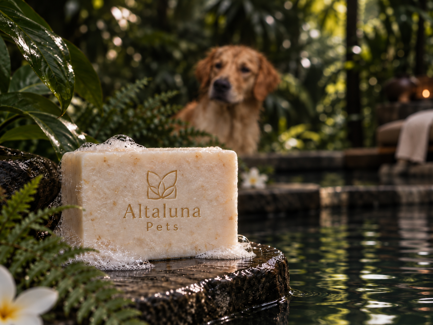 Jabón Altaluna Pets con espuma frente a un perro en un oasis tropical